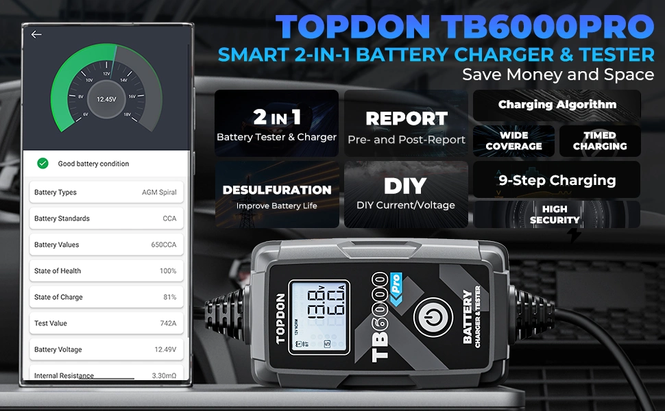 Topdon New Design Tb6000 PRO Portable Smart 5-240ah 6V 12V DIY Lead Acid Lithium Automotive Vehicles Motorcycle Car 2 in 1 Battery Tester and Battery Charger